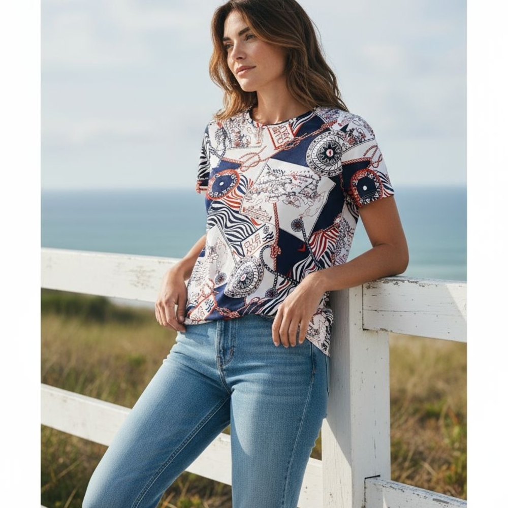Talbots Crewneck Tee Côte d’Azur Red Blue Nautical Short Sleeve Top Large Petite